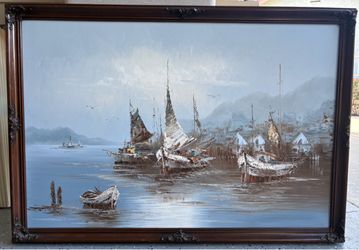 Framed Oil Painting Harbor Sailboat Scene