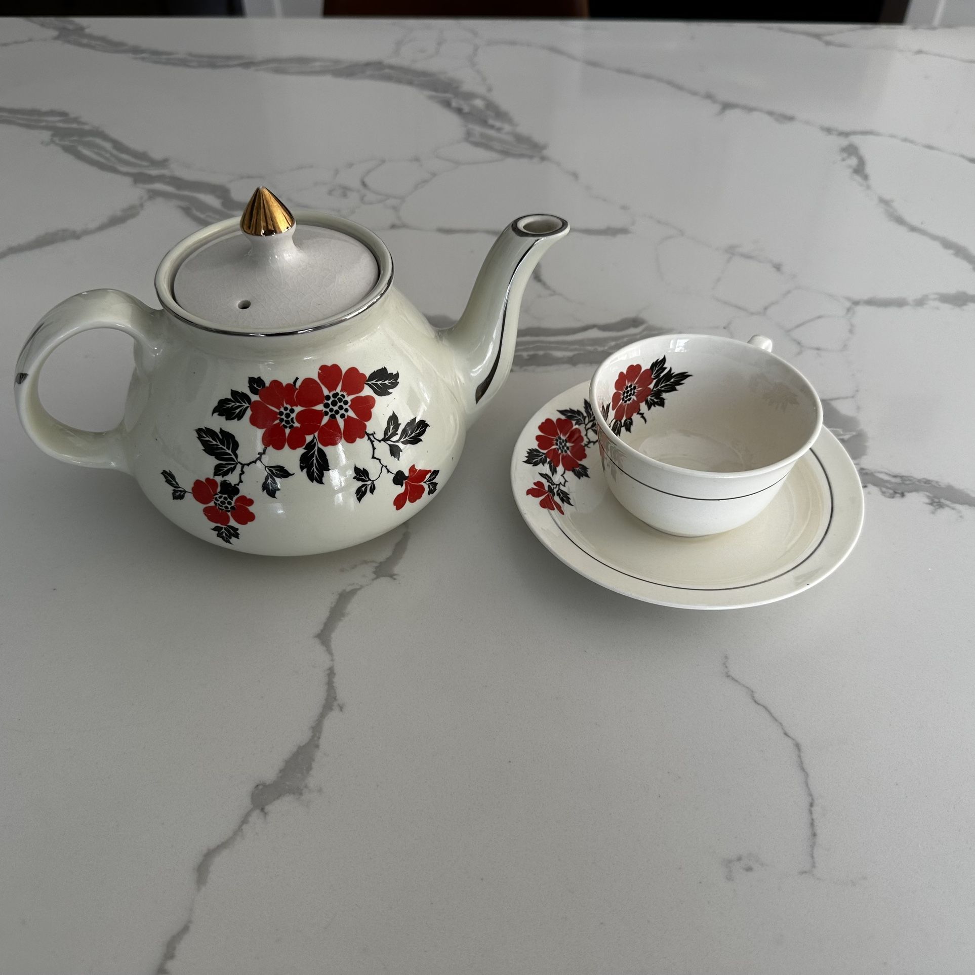 Vintage Hall China Red Poppy Teapot with Matching Teacup and Saucer