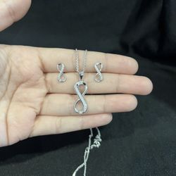 .925 Sterling Silver CZ Infinity Eternity Love Pendant Necklace & Earrings SET
