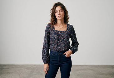Lucky Brand Floral LongSleeve Top Navy Ditsy Square Neck Babydoll Peasant Blouse