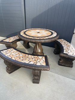 Concrete Patio Table with 3 Benches