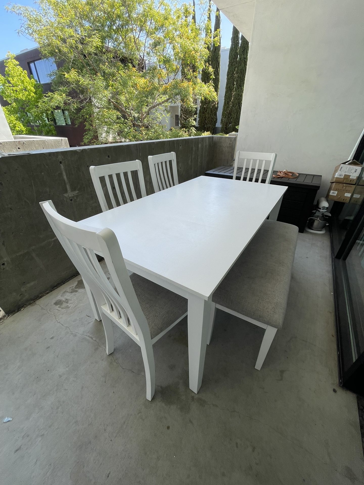 White Dining Table with 4 Chairs + Bench