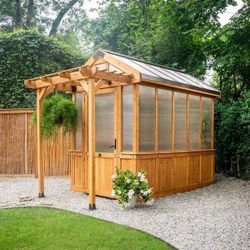 Bellerose 6 ft. W x 12.3ft. L x 9.3 ft. H Cedar Wood and Polycarbonate Light Brown Walk-In Outdoor Greenhouse w/ Pergola