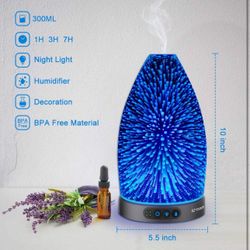 Essential Oil Diffuser,3D Glass Aromatherapy Diffuser,300ml Ultrasonic Cool Mist Humidifier with Color Changing LED Lights, Waterless Auto Shut-Off,Me