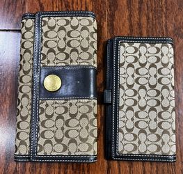 Coach Khaki Brown Leather Full Size Wallet Retired Signature Leather & Jacquard