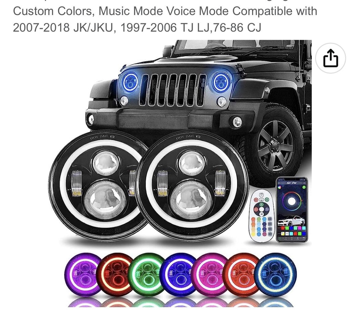 LED Headlights Black Housing With Drl Halos RGB Colors