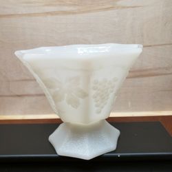 White Milk Glass Candy Dish Grape Leaf Panel Planter Footed Octagonal Shaped  #3