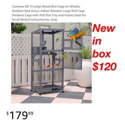 New in box  Coziwow 68" H Large Wood Bird Cage on Wheels, Outdoor Bird Aviary Indoor Wooden Large Bird Cage Parakeet Cage with Pull Out Tray $120
