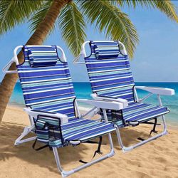 Backpack Beach Chairs for Adults 2 Pack, Portable Lay Flat Folding Chair with Cup Holder and Towel B