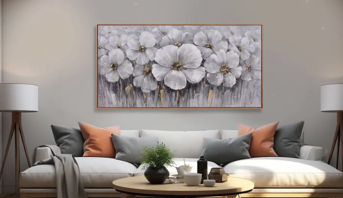 Flower Wall Decor White and Gray Floral With Golden Stamen Botanical Wall Art Framed Artwork for Walls Canvas Prints Painting for Living Room Bedroom 