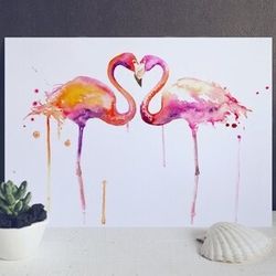Pink Flamingo Love Art Print - Watercolor Bird - BLACK FRAMED