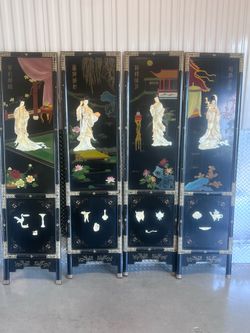 4 six feet high oriental divider panels with inlay. They are 18 inches wide. The panels are missing the pins to the hinges. Location below  31705 Wesl