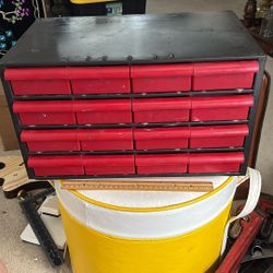 16 Drawer Small Parts Storage Organizer  Black Metal Red Plastic