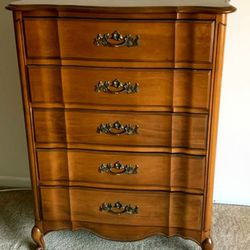 French Provincial Tall Boy Dresser Vintage Drawers Wood Metal Accent Antique