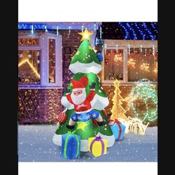 Inflatable Christmas Tree, COKWEL 6 FT Blow Up Yard Decoration LED Light Up Christmas Inflatables with 3 Wrapped Gift Boxes & Claus Climbing for Indoo