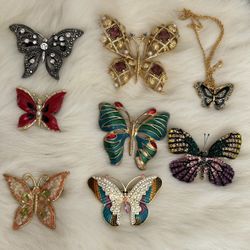 Vintage lot 9- Butterfly Brooches Pins Necklaces Jewelry Collection Estate Find Rhinestones Crystal 