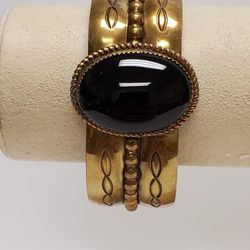 Vintage Black Onyx Natural Stone Set On Yellow Sterling Open Cuff Bracelet
