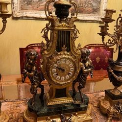 Vintage  Brass & Marble base Figural Clock candle holders Set - 3 Pieces