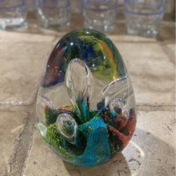 Vintage Paperweight Art Glass Blown Egg Clear Multi Color with bubbles 