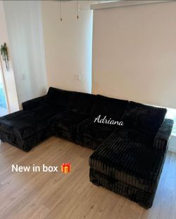 U shape sectional sofa, double chaise black Fur-like Jumbo Corduroy