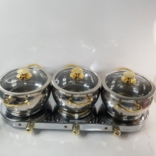 NEW WITH BOX Cuisine Cookware Command Performance Gold MK-337 7pc Triple Burner Buffet 3 Qt