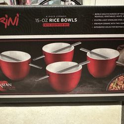 Parini Rice Bowls Set Of 4 Red Ceramic With 8 Stainless Steel Chopsticks New
