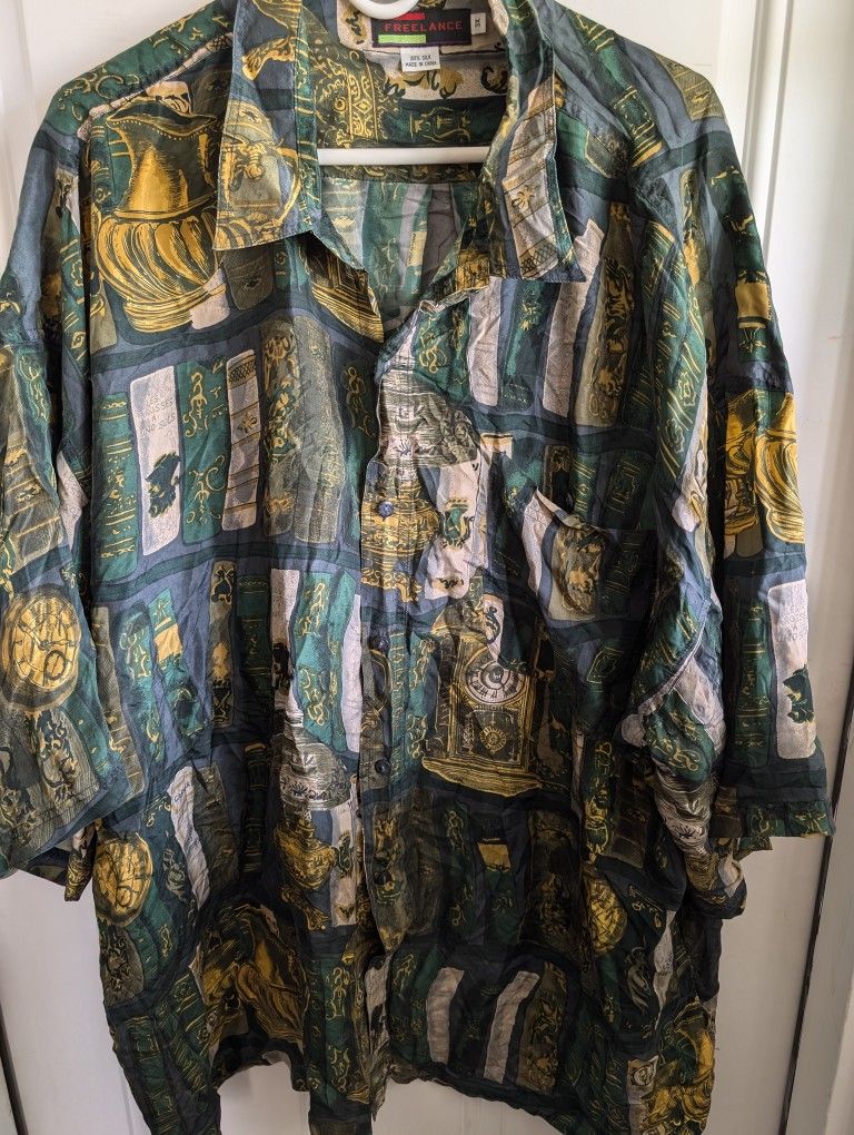 Mens Shirt By Freelance 3x, Green, 100% Silk, Short Sleeve. Very Soft & Light Weight.