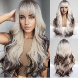 Human hair blend brown blonde ombré layered wig with bang.