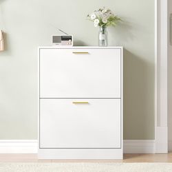 Shoe Cabinet with 2 Flip Drawers, White Shoe Cabinet Storage for Entryway, Modern Shoe Organizer Wood, Freestanding Small Thin Shoe Racks with Doors, 