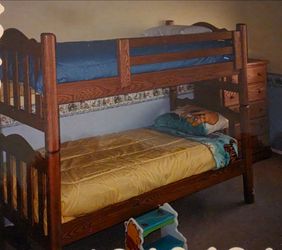 Solid Oak Twin Bunk Bed Frame with trundle, ladder & safety rails