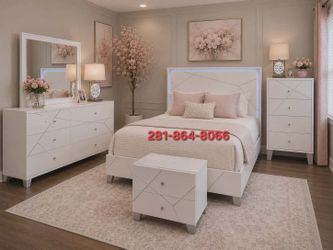 New White LED Queen 7pc Bedroom set