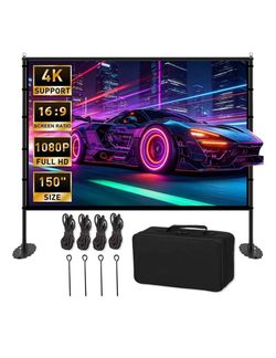 150 inch Projector Screen with Stand, 16:9 4K HD Portable Outdoor Movie Screen, Wrinkle-Free Foldable Indoor Projection Screen with Carry Bag & Ground