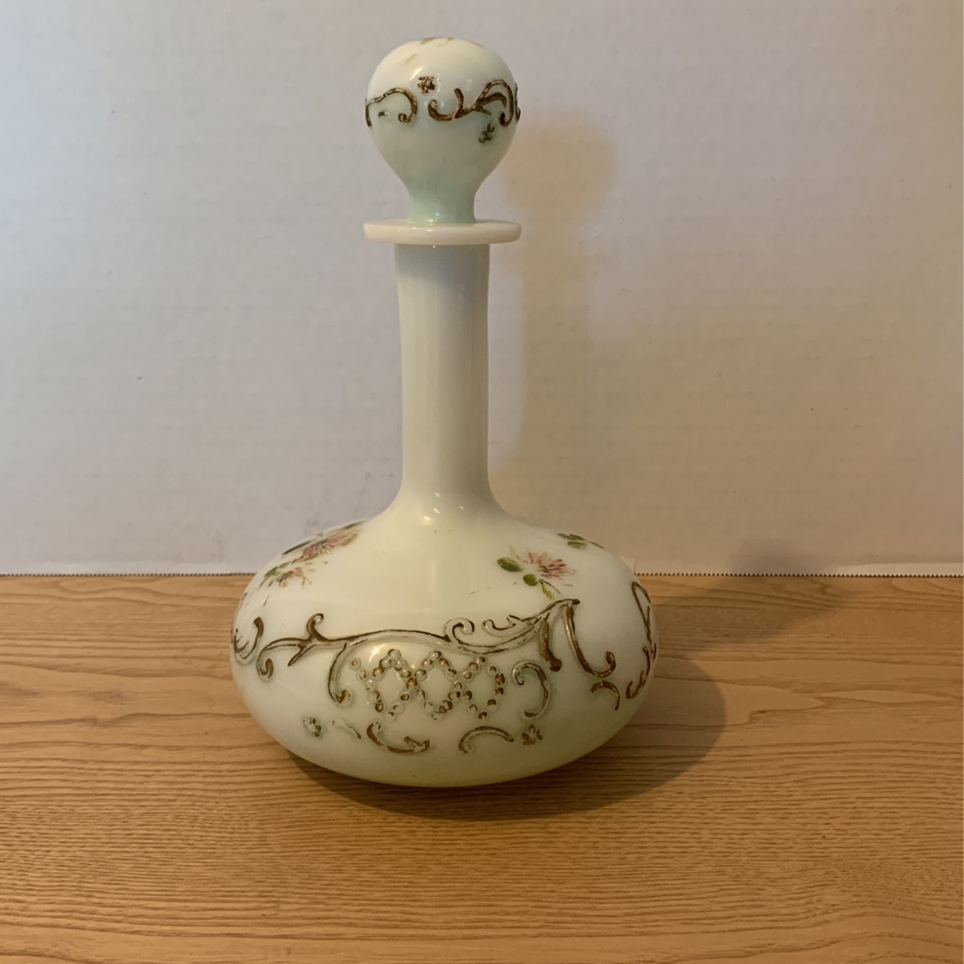 Milk glass decanter Barber cologne bottle hand-painted  A31