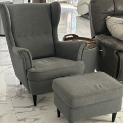 Grey Wing Chair w/ Matching Ottoman 