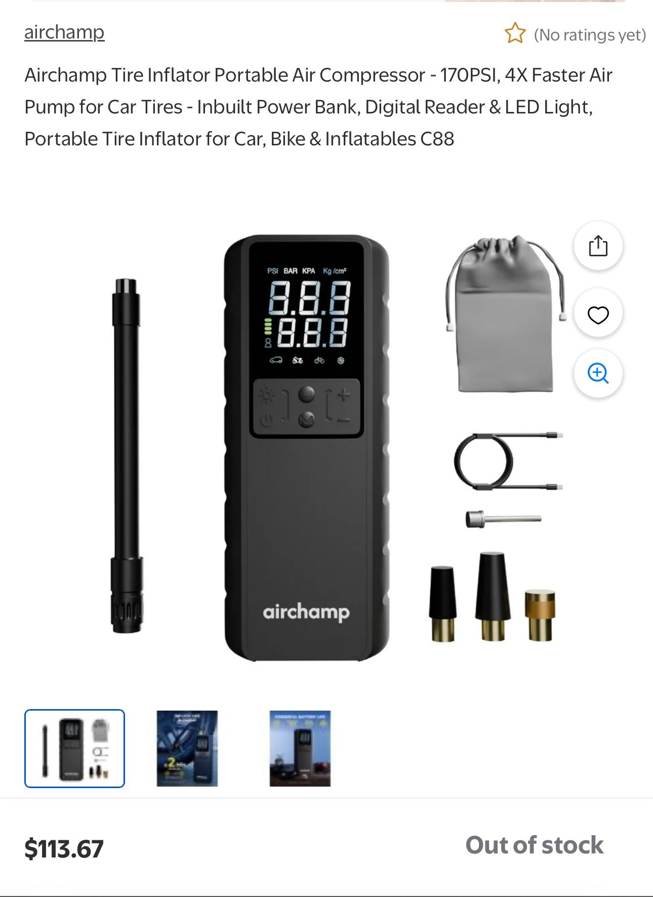 Airchamp Tire Inflator Portable Air Compressor - 170PSI, 4X Faster Air Pump