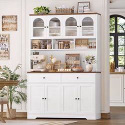 White 71" Tall Pantry Cabinet with Arched Glass Doors with Charging Station