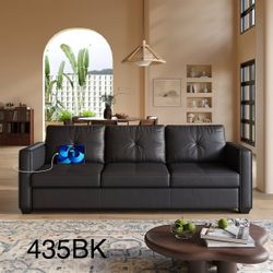 88" W Linen Fabric 3-Seat Sofa, Modern Love Seat Couch with 2 USB Charging Ports and Stowage Pocket, Upholstered Arm Sofa For Living Room, Office