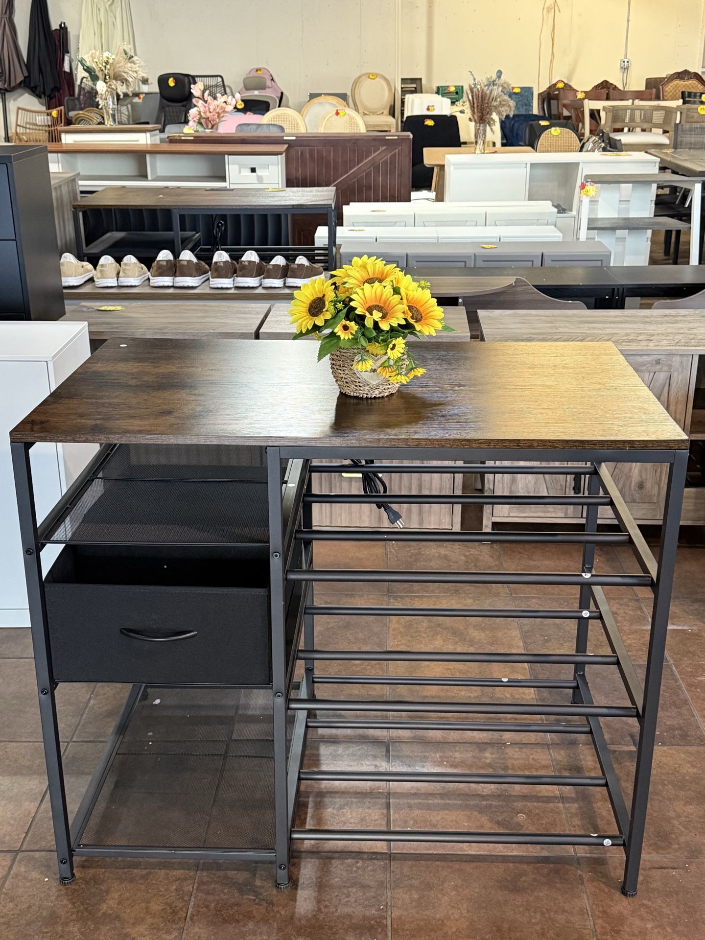 Wooden desktop with metal mesh frame, storage drawers and shelves, suitable for study or computer room (brown) π°60$