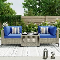 New Heavy Duty Ovios 3 Pieces with Solar table Outdoor Patio Sectional Furniture Cushioned PE Rattan Wicker Chairs Conversation Set with Coffee Table 