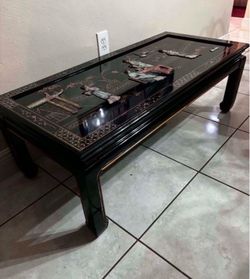Mid Century Modern Black Lacquer Chinoiserie Coffee Table 48”Lx22”Wx16”H