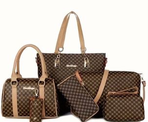 Mei&Senge 6-Piece Brown Patterned Handbag Set