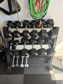 Rubber Hex Dumbbell Set with Rack and Olympic Barbell