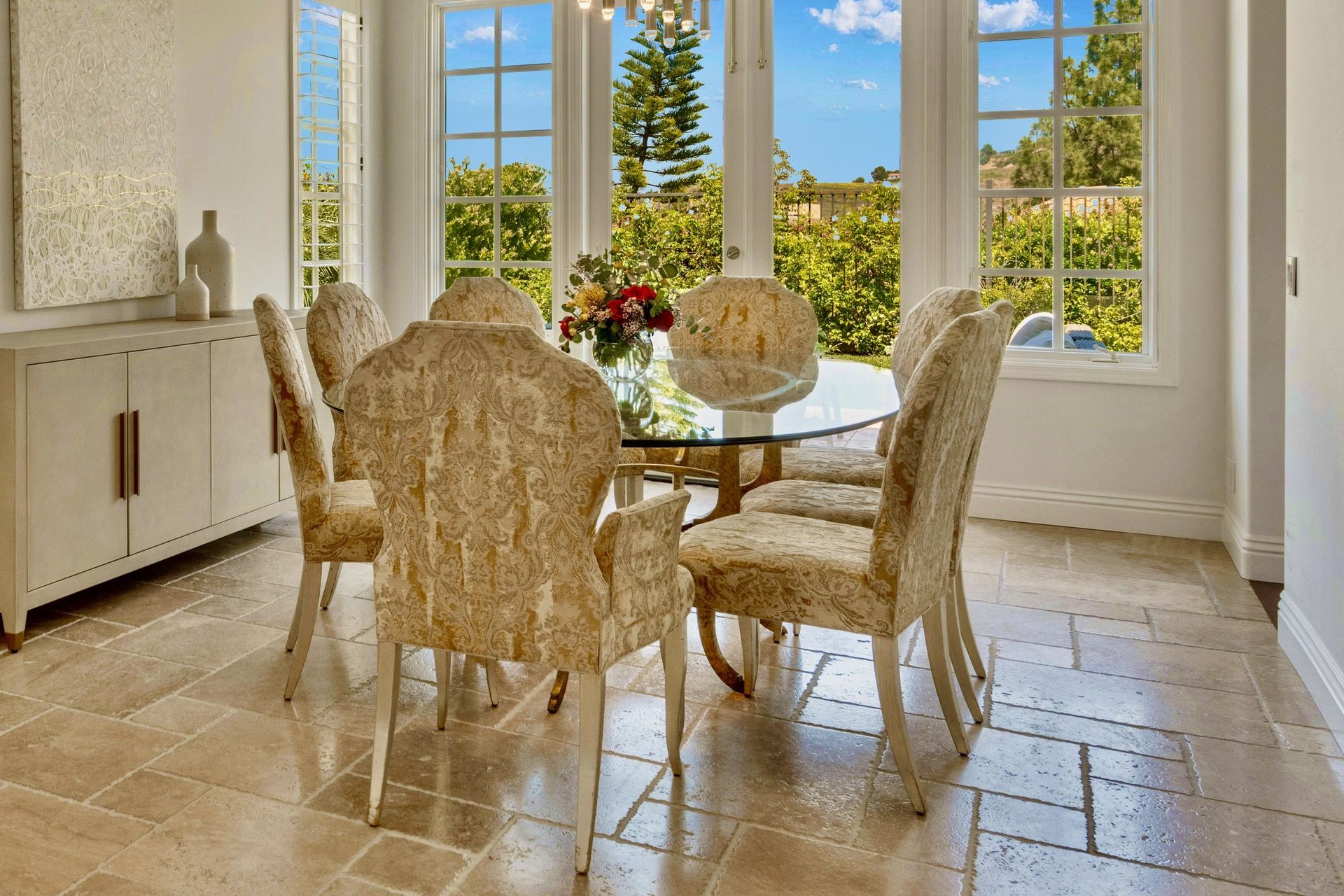 Italian Designed Oval Ogee 1/2. S Shaped Glass on a Gold Patina Metal + 8 Velvet Chairs