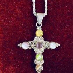 Cross Pendant With Gems .925 Mexico 30” Diamond Cut Rope Chain Necklace 