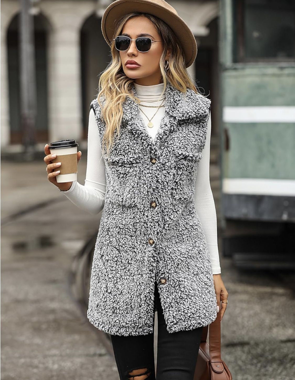 Womens Fuzzy Fleece Vest Lapel Button Down Sleeveless Mid Long Sherpa Vest Jacket Size M