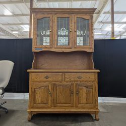 Traditional Golden Oak China Cabinet with Leaded Glass