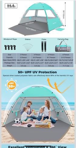 🔥Brand new🔥 Tent Sun Shelter for 4-5Person, UPF 50+ UV Protection Beach Canopy, Lightweight and Easy Setup Cabana, Portable Shade Tent