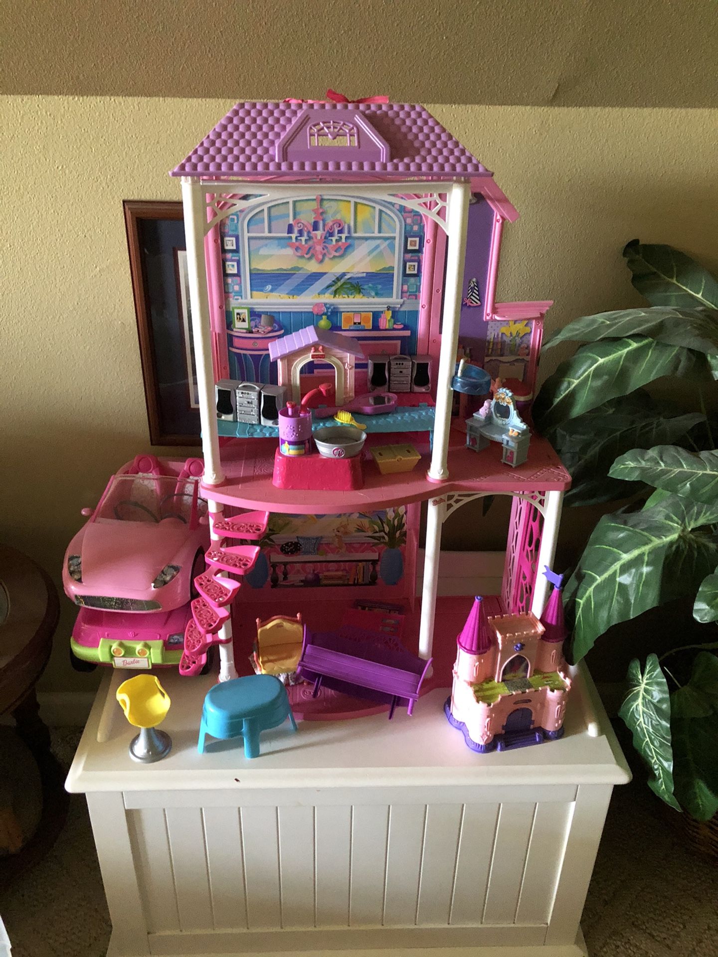 Assorted Barbie Dolls, House, Cars, American Girl Doll Beds, and sorted Clothes and accessories. All Sold together.