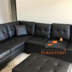 Black Leather Sectional Sofa Couch With Ottoman 
