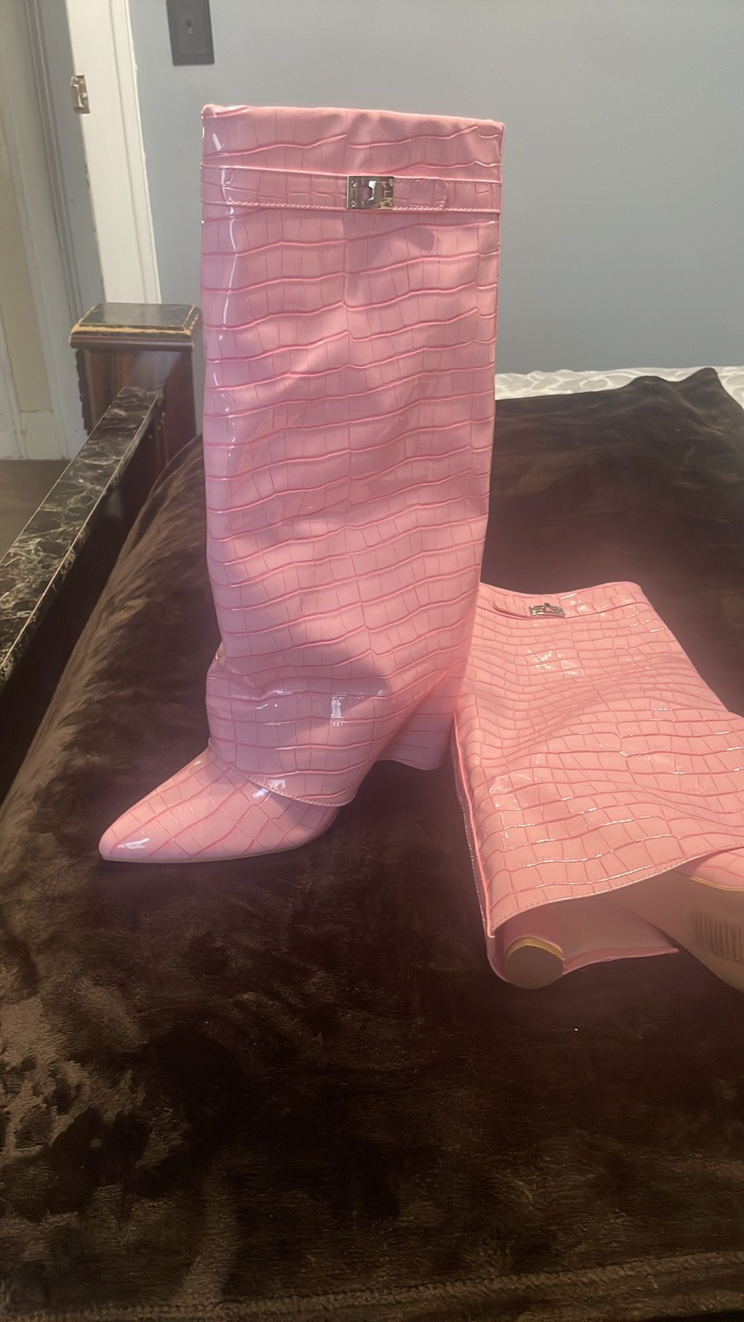 Pink Croc-Embossed Fashion Nova Boots